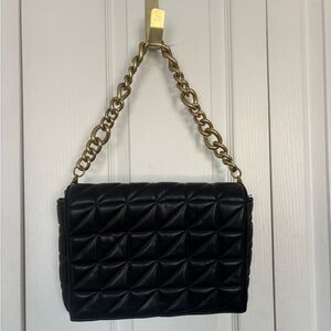 Zara Black Quilted Shoulder Bag with Gold Chain